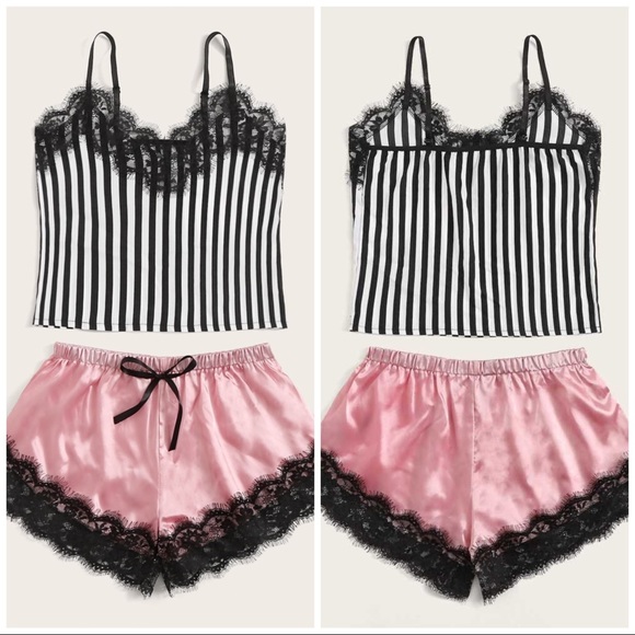 New Striped Satin Silk-Like Lace Pajama Set - Picture 2 of 5